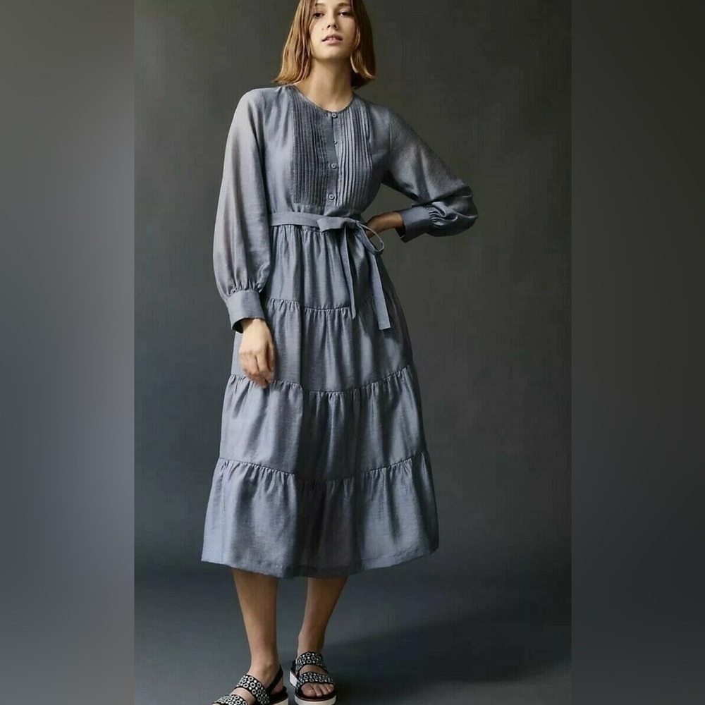 Anthropologie MARE MARE Women Agosta Tiered Midi Dress Sz Small Petite Gray Blue